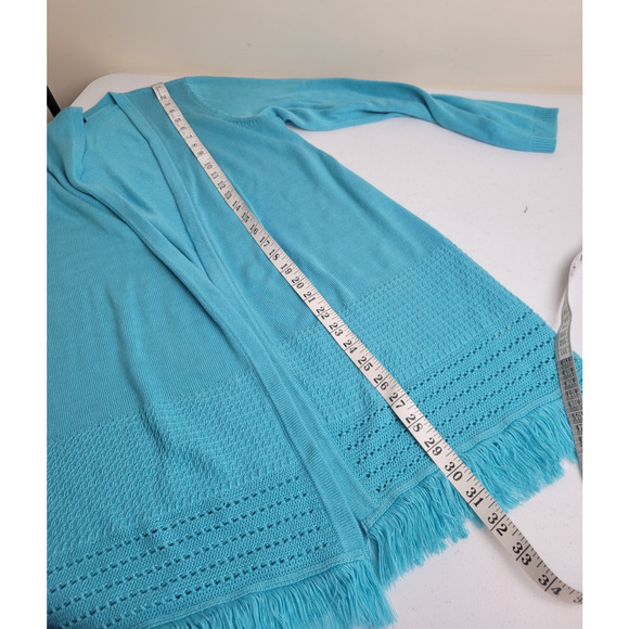Talbots Light Blue Open Front Knit Fringe Cardigan Sweater Women's Size Large - Picture 4 of 9